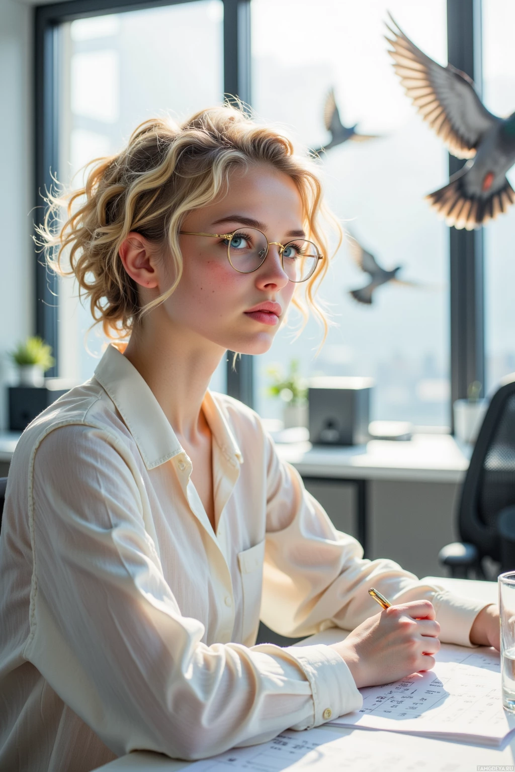 A woman in a white shirt sits at a desk, writing, with birds flying in the background.