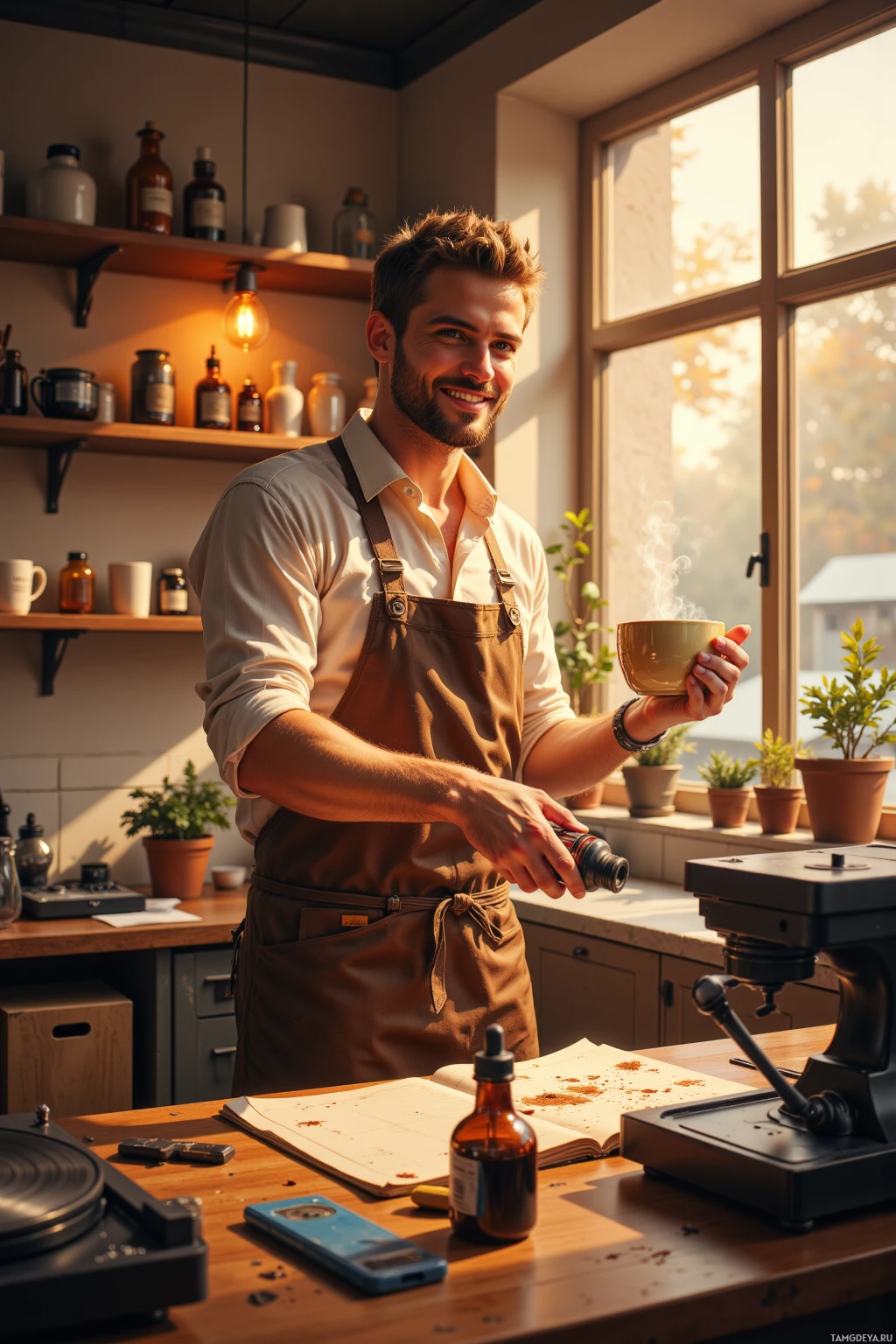 A man in an apron holds a steaming cup of coffee in a cozy kitchen setting.