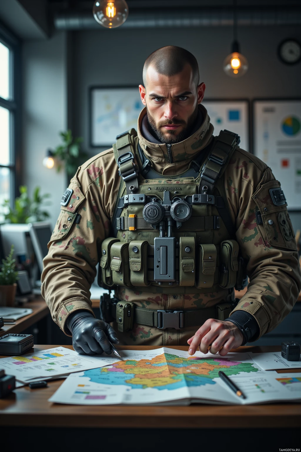 A person in military attire is seated at a desk with a map and documents, wearing gloves and a tactical vest.