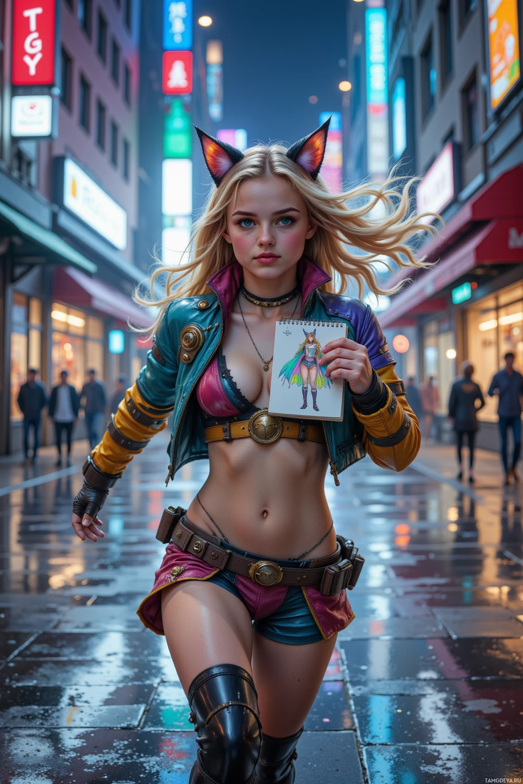 A person in a vibrant, futuristic outfit holding a sketchbook stands on a city street at night.