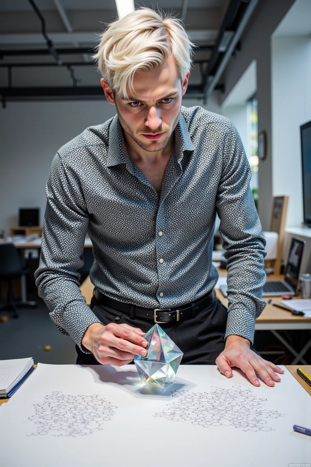 A person in a patterned shirt examines a geometric crystal model on a desk.