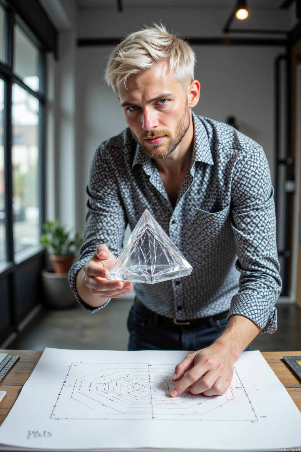 A person in a patterned shirt holds a transparent geometric model while examining a blueprint on a table.