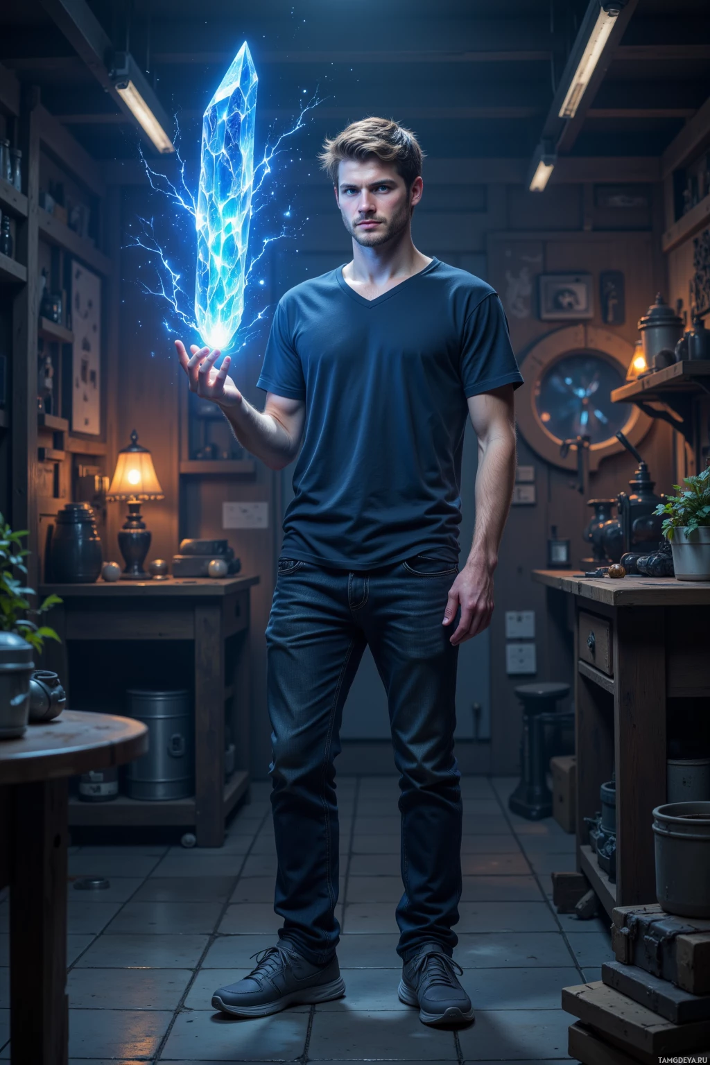 A man stands in a dimly lit room holding a glowing, crystalline object.