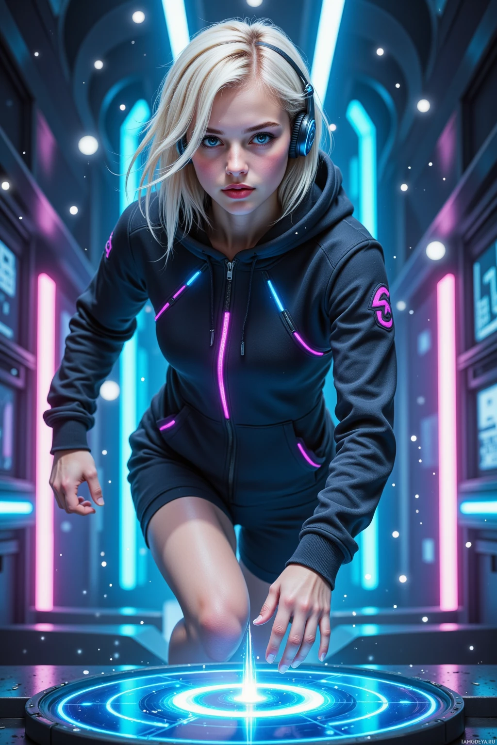 A person in a futuristic hoodie interacts with a glowing, circular interface in a neon-lit environment.