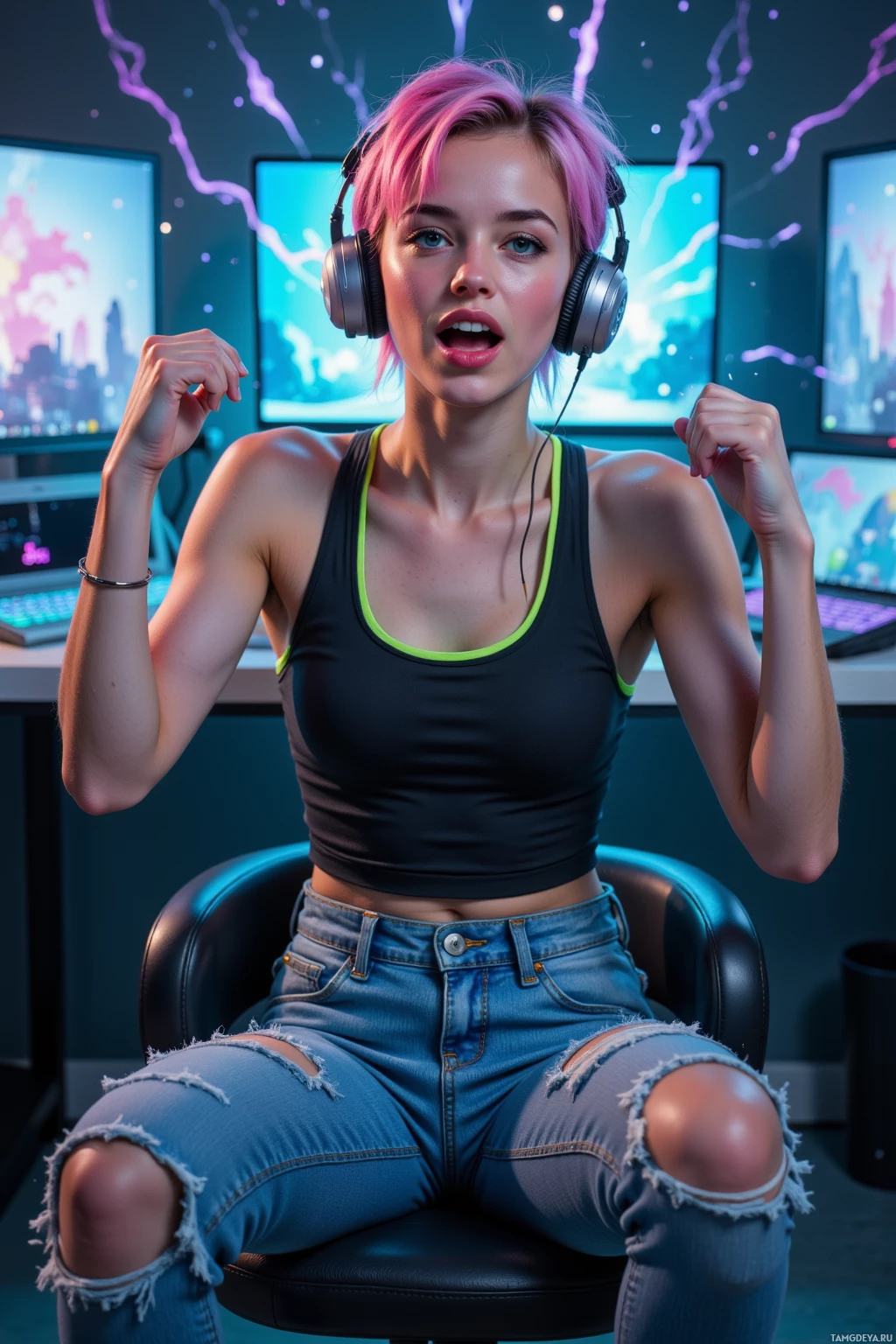 A person wearing headphones and a black tank top sits in a chair with ripped jeans, in a room with multiple monitors.