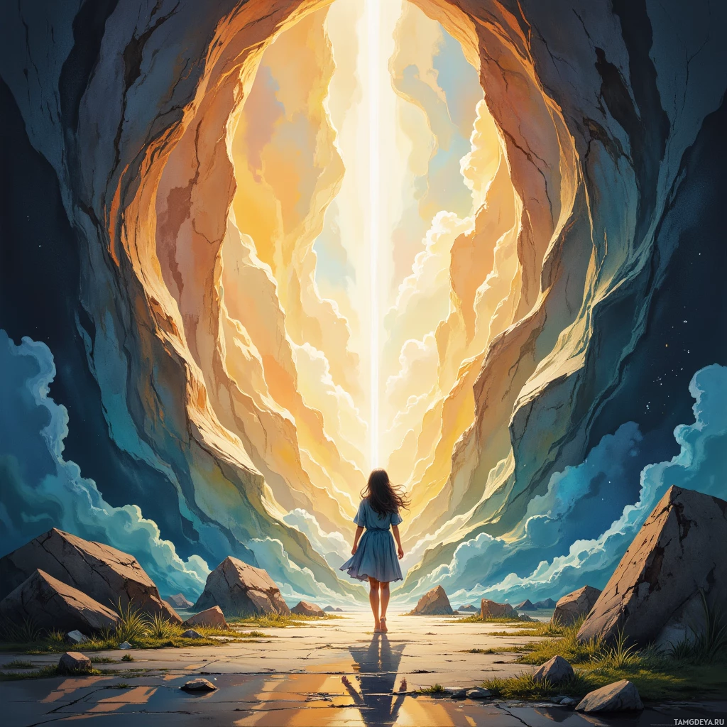 A person in a blue dress walks towards a bright light at the end of a cave.