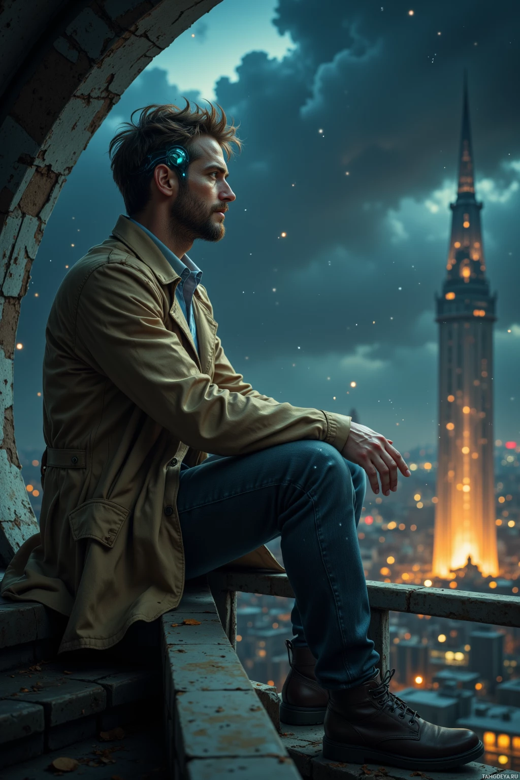 A man in a trench coat sits contemplatively on a ledge overlooking a cityscape at night.