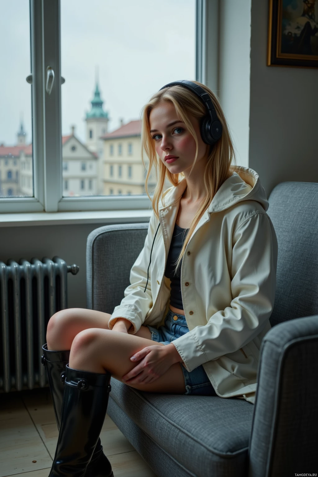 A person wearing headphones and a jacket sits on a couch by a window with a cityscape view.