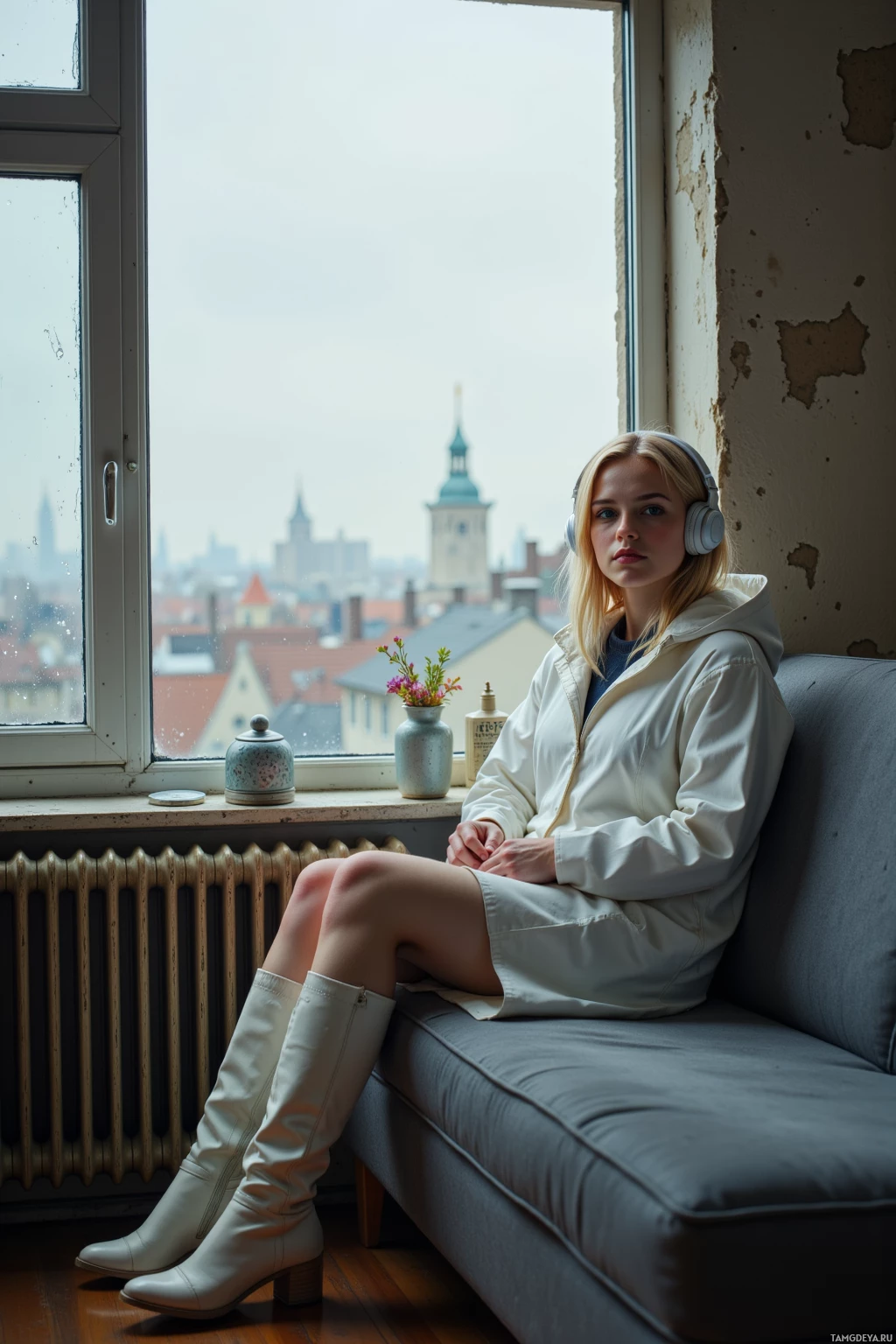 A woman sits on a couch by a window, wearing headphones and white boots, with a cityscape visible outside.