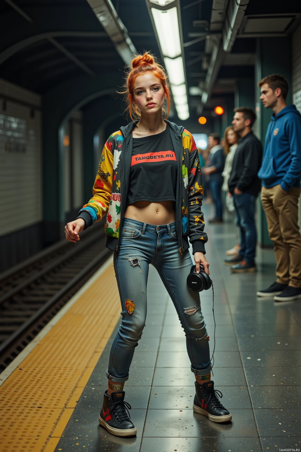 A young woman stands on a subway platform, wearing a colorful jacket and jeans, holding headphones.