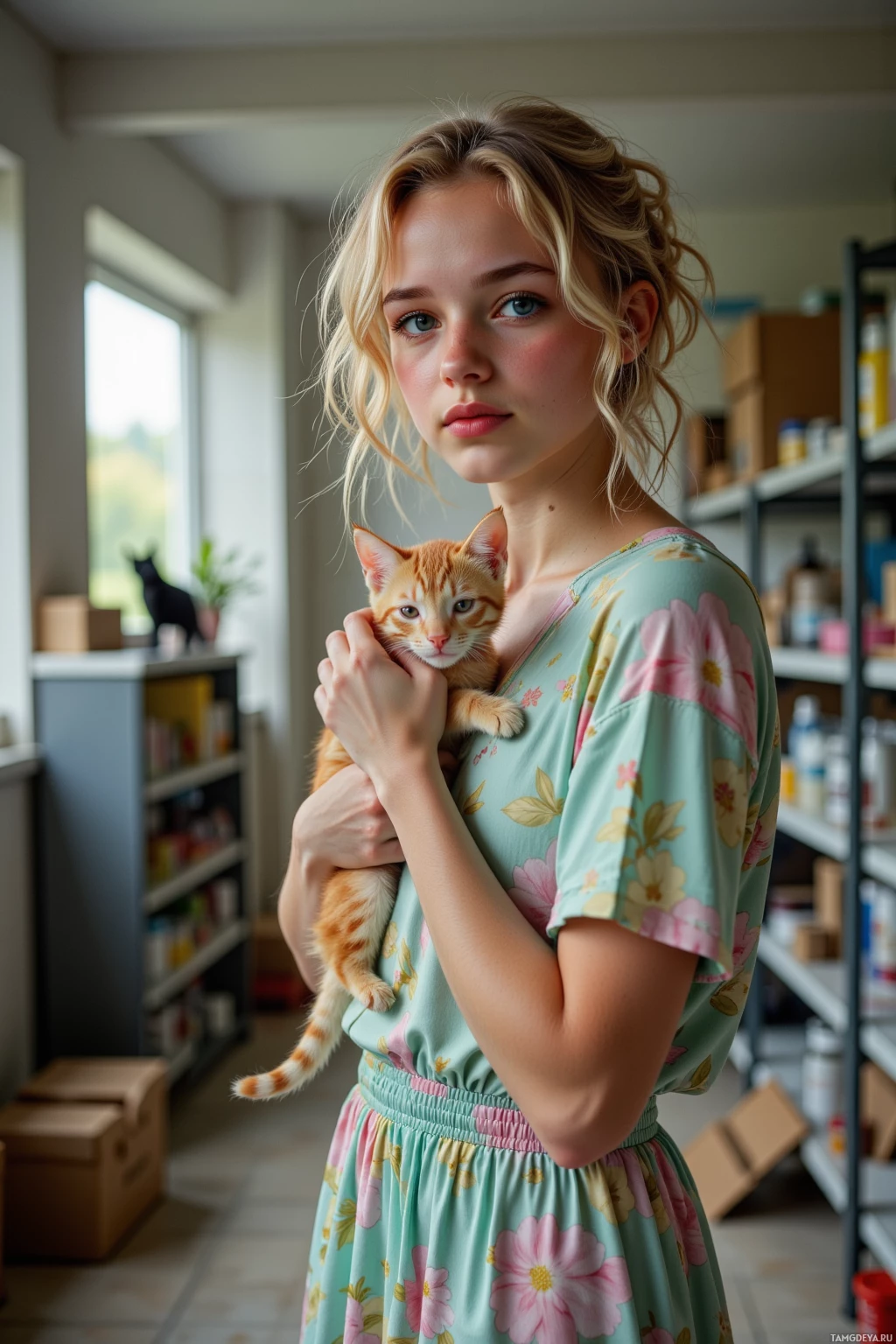 A person holds a small orange kitten in a floral dress in a room with shelves.