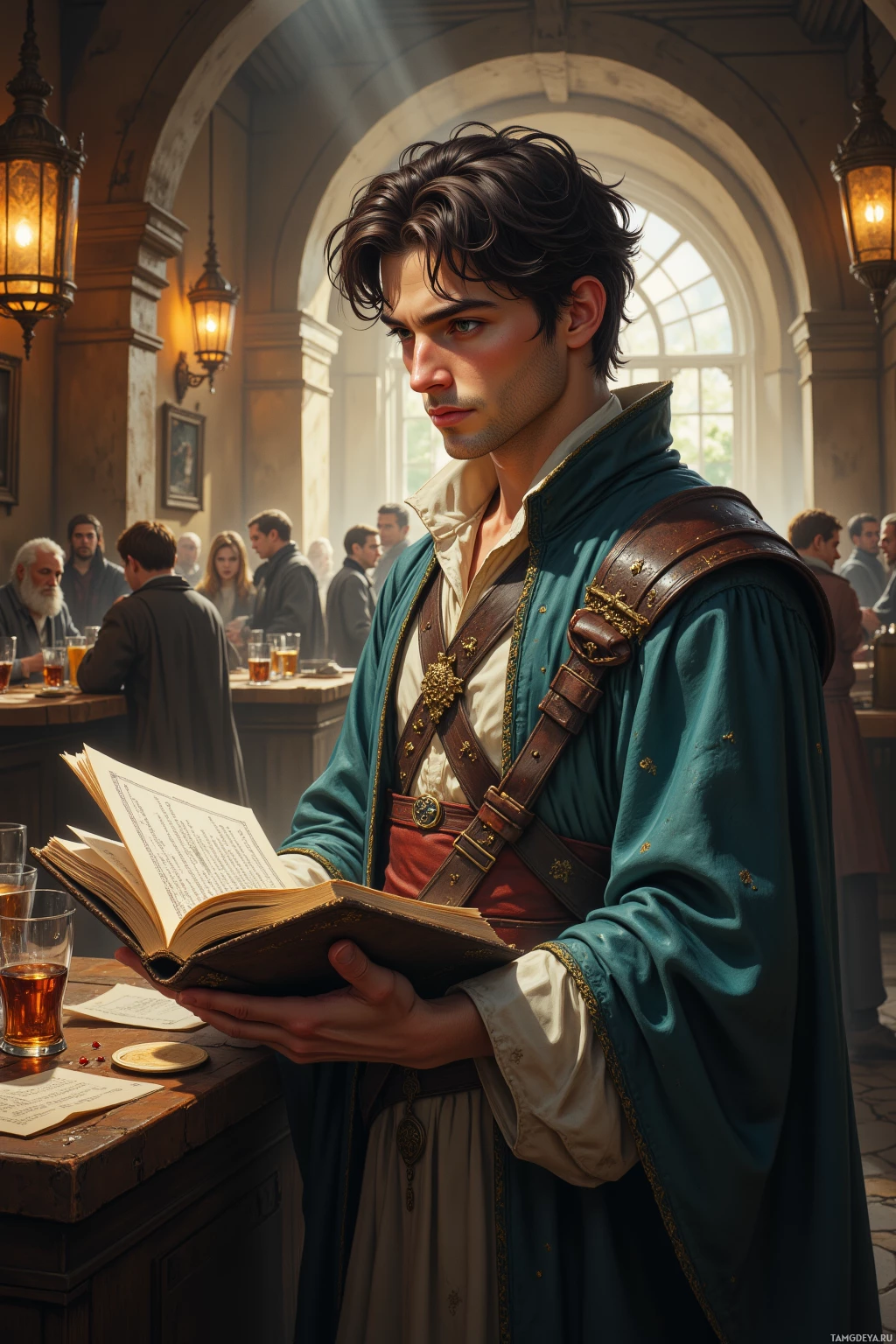A man in historical attire holds an open book in a bustling tavern.