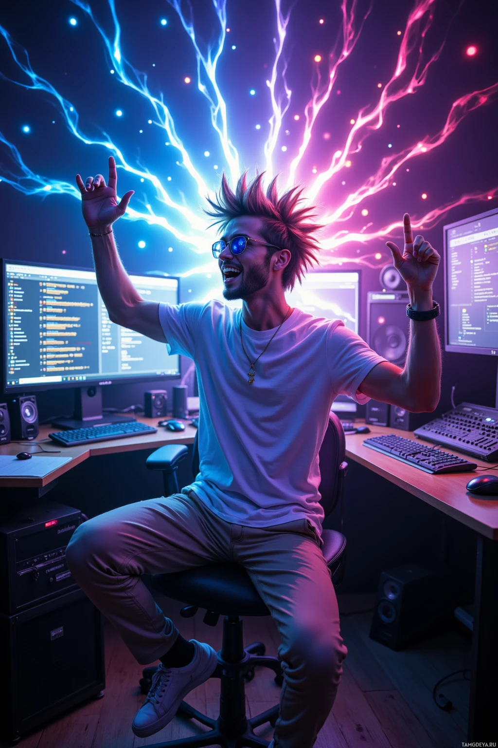 A person sits in a chair with a computer setup, raising their hands in excitement, surrounded by vibrant neon lights.