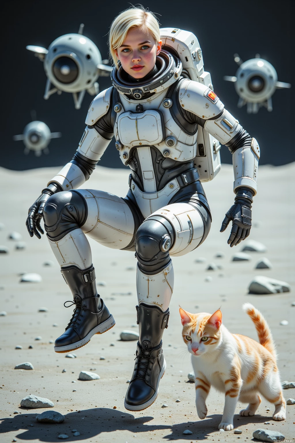 A person in futuristic armor stands on a rocky surface with a small cat nearby.