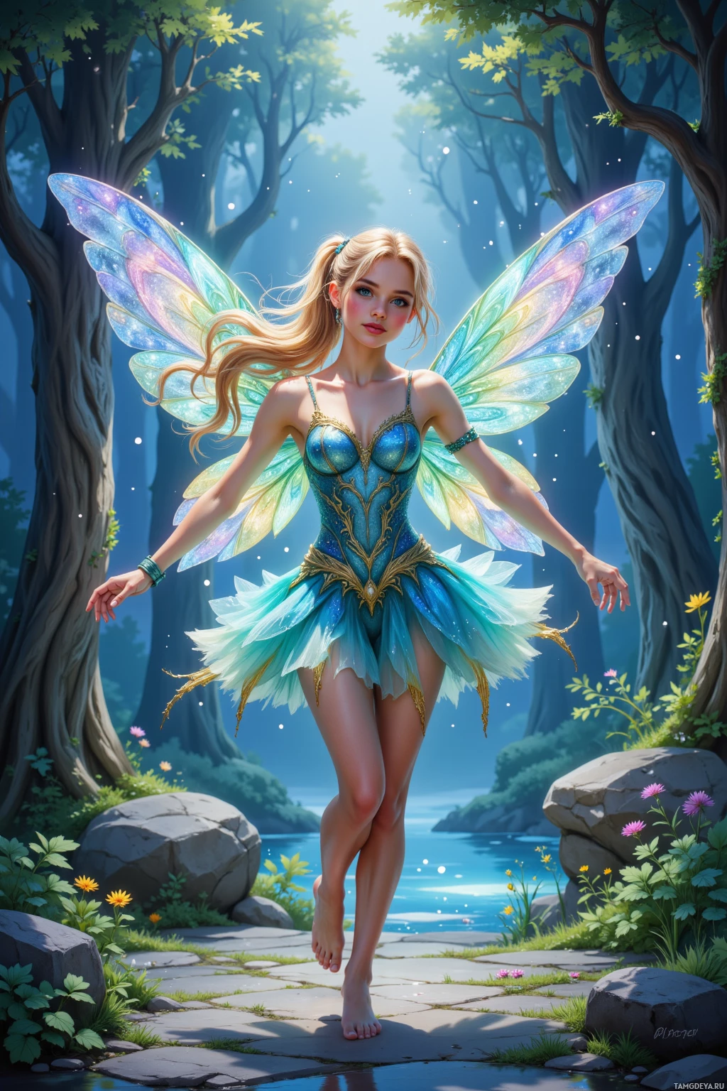 A fairy with blue and green wings stands gracefully in a forest clearing.