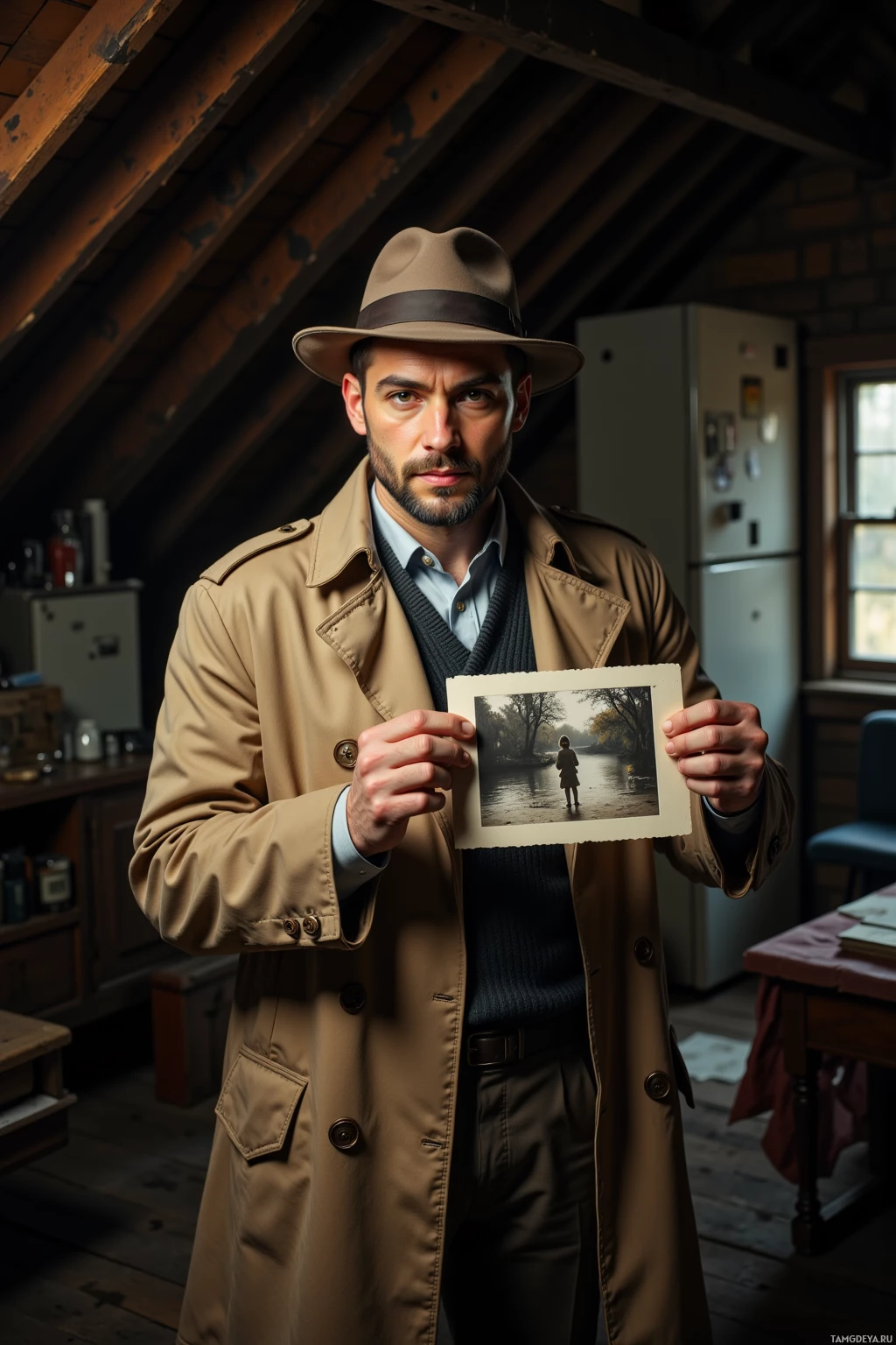 A man in a trench coat and fedora holds a photograph in a rustic room.