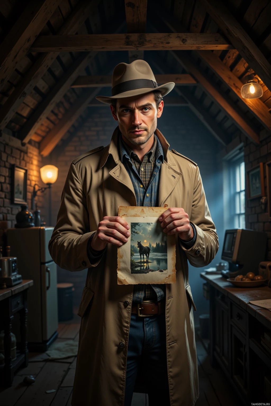 A man in a trench coat and hat holds an old photograph of a horse in a rustic interior.