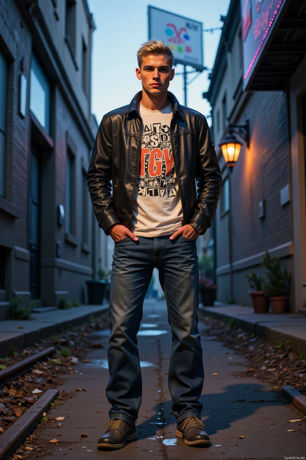 A person stands in an alleyway wearing a leather jacket, graphic t-shirt, jeans, and boots.