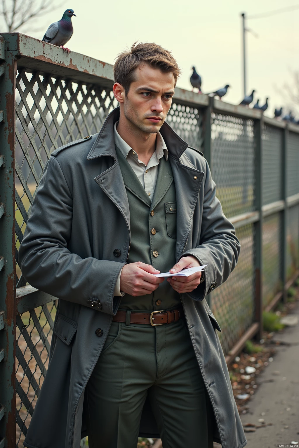 A man in a trench coat and formal attire stands by a fence, holding a piece of paper.