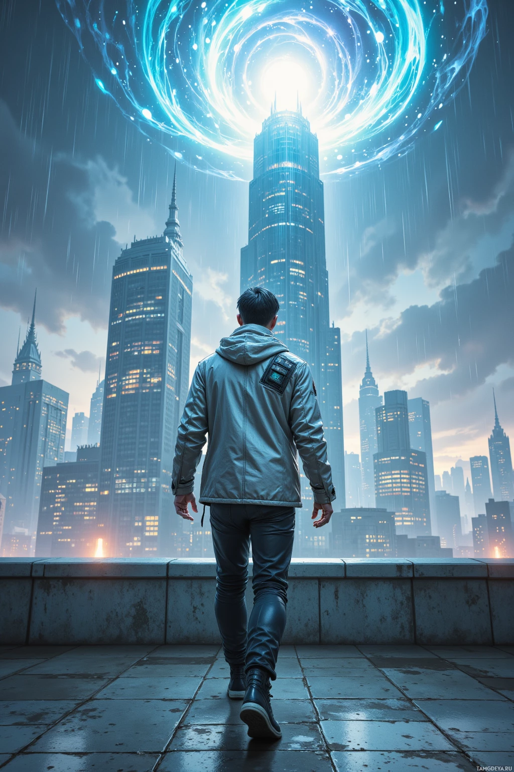 A person walks on a rooftop overlooking a futuristic cityscape with glowing skyscrapers and a swirling light effect in the sky.
