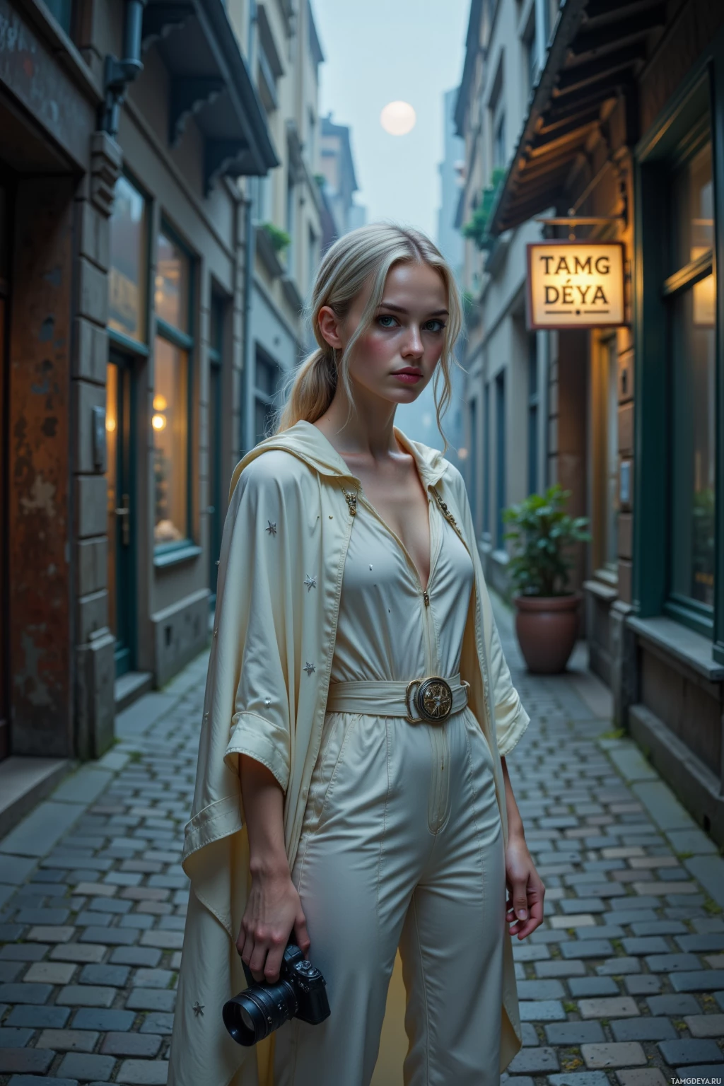 A woman in a cream jumpsuit stands in a narrow alleyway, holding a camera.
