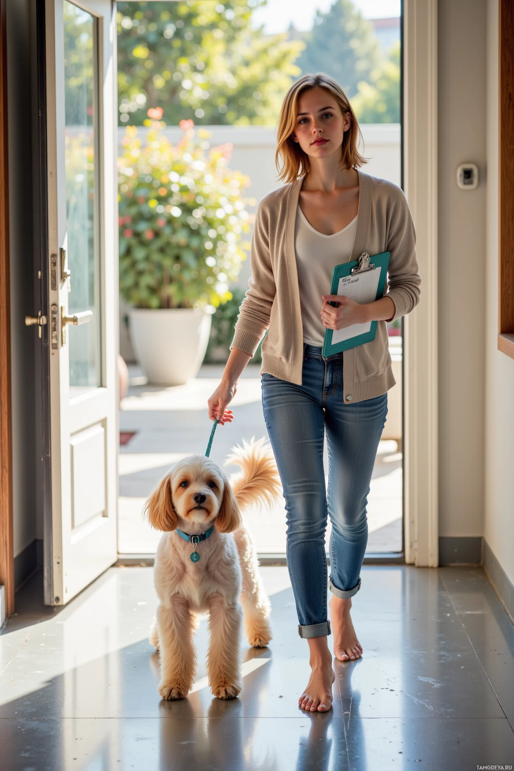 A woman stands indoors holding a clipboard, with a small dog on a leash beside her.
