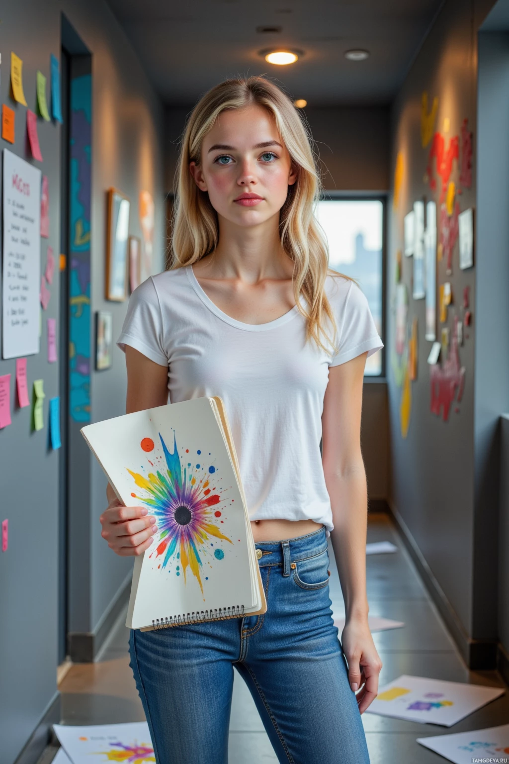 A person stands in a hallway holding a colorful notebook.