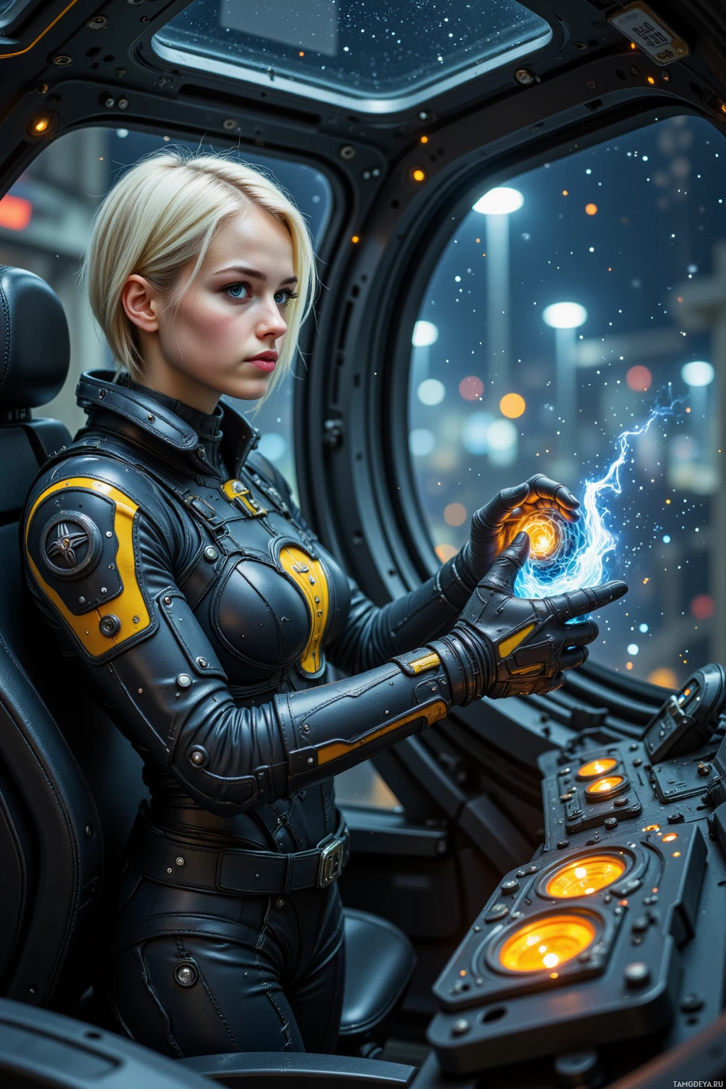 A person in a futuristic outfit holds a glowing energy sphere in a spacecraft cockpit.