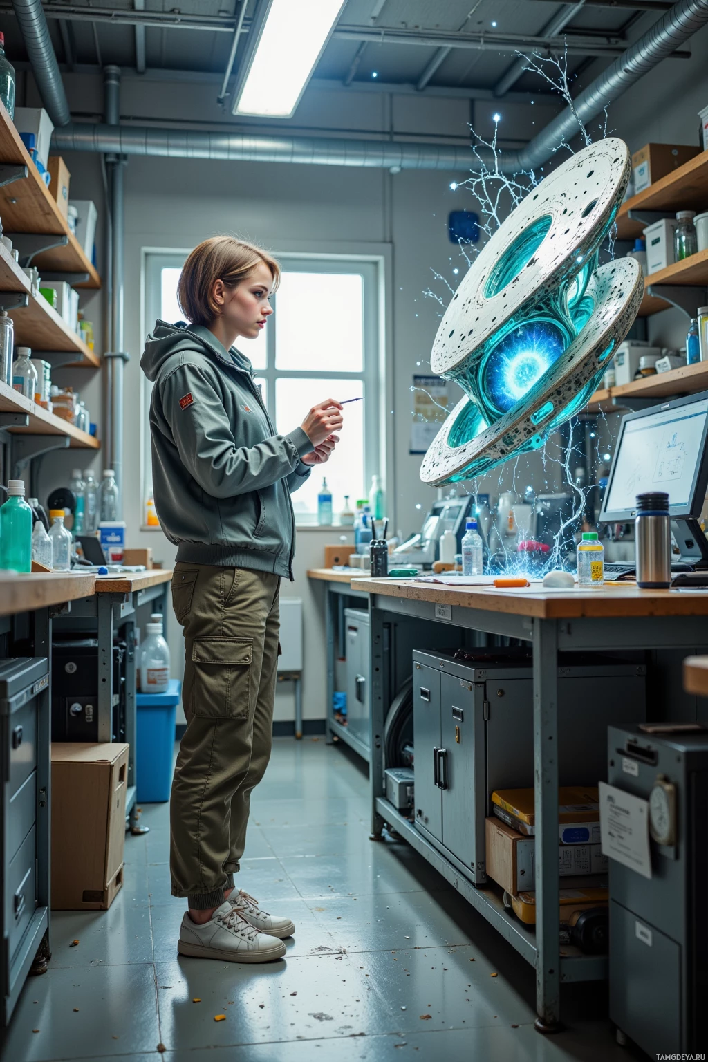 A person in a lab setting interacts with a glowing, futuristic object.