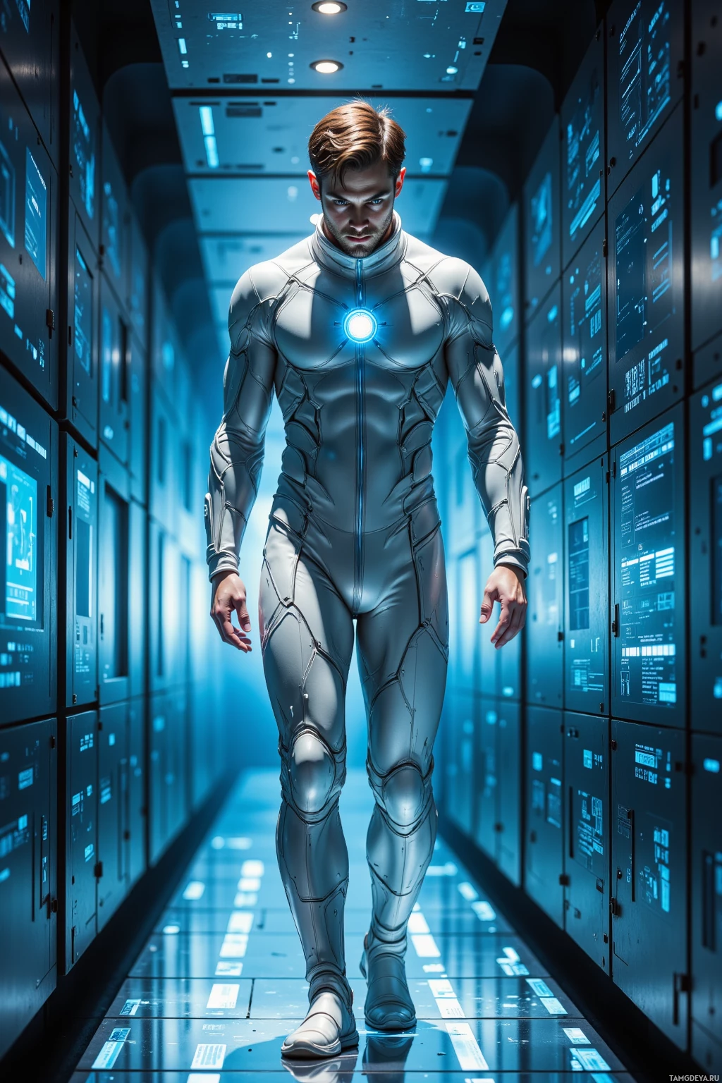 A person in a futuristic, metallic suit walks down a high-tech corridor.