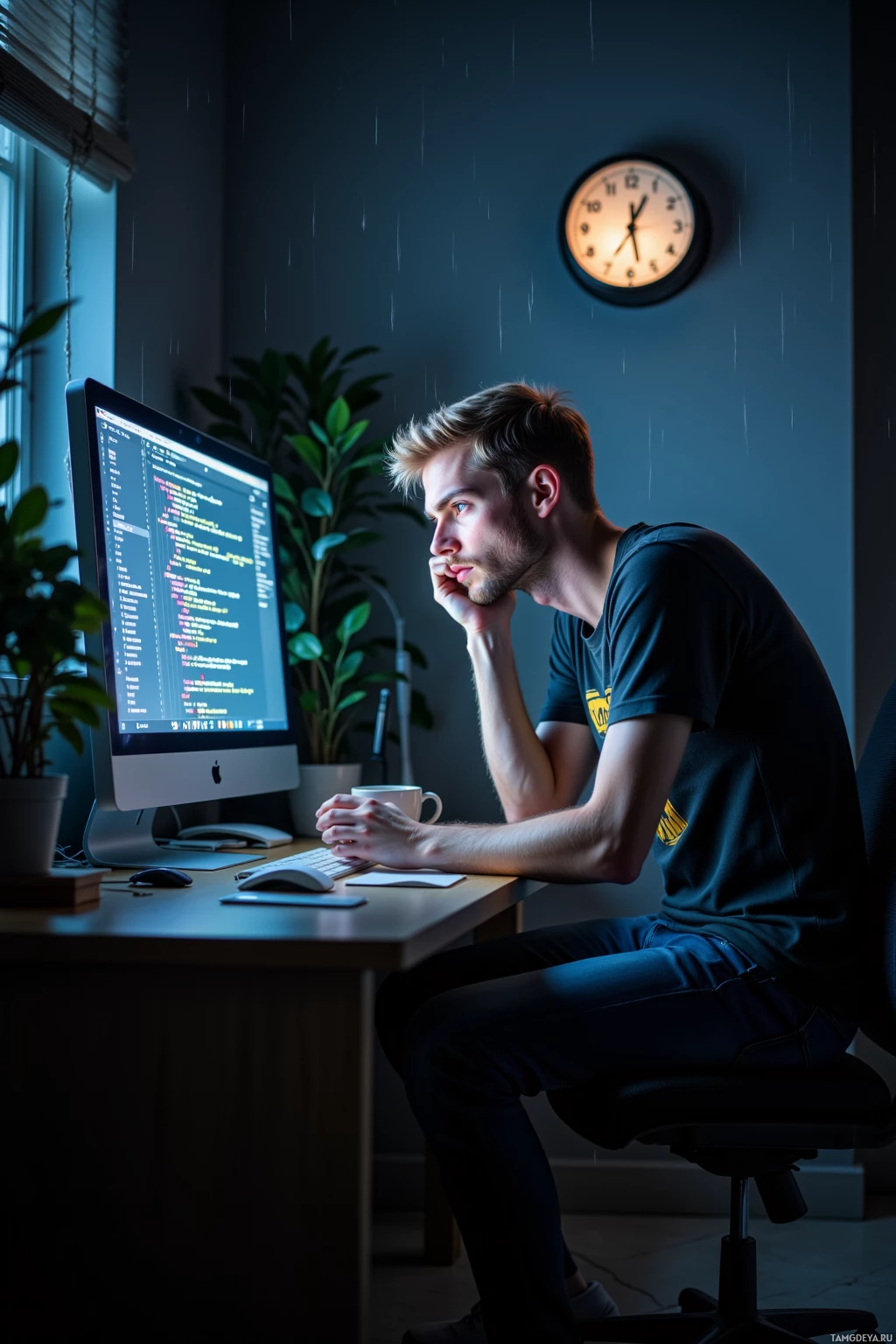 A person sits at a desk in a dimly lit room, working on a computer with a clock on the wall.