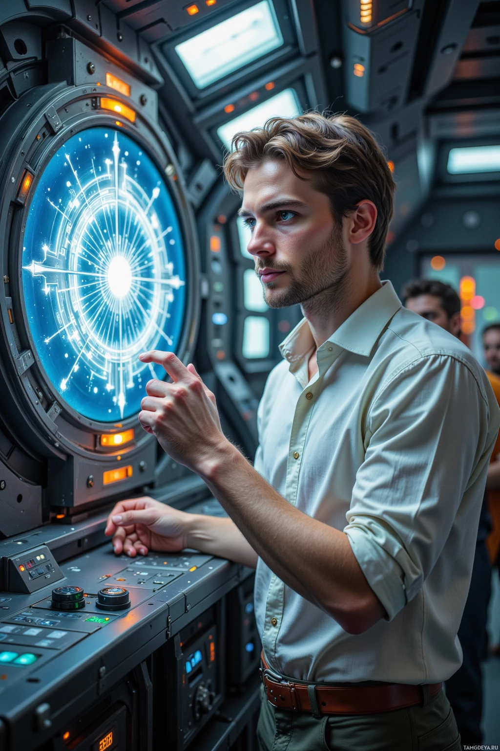 A man in a white shirt interacts with a futuristic control panel in a high-tech environment.