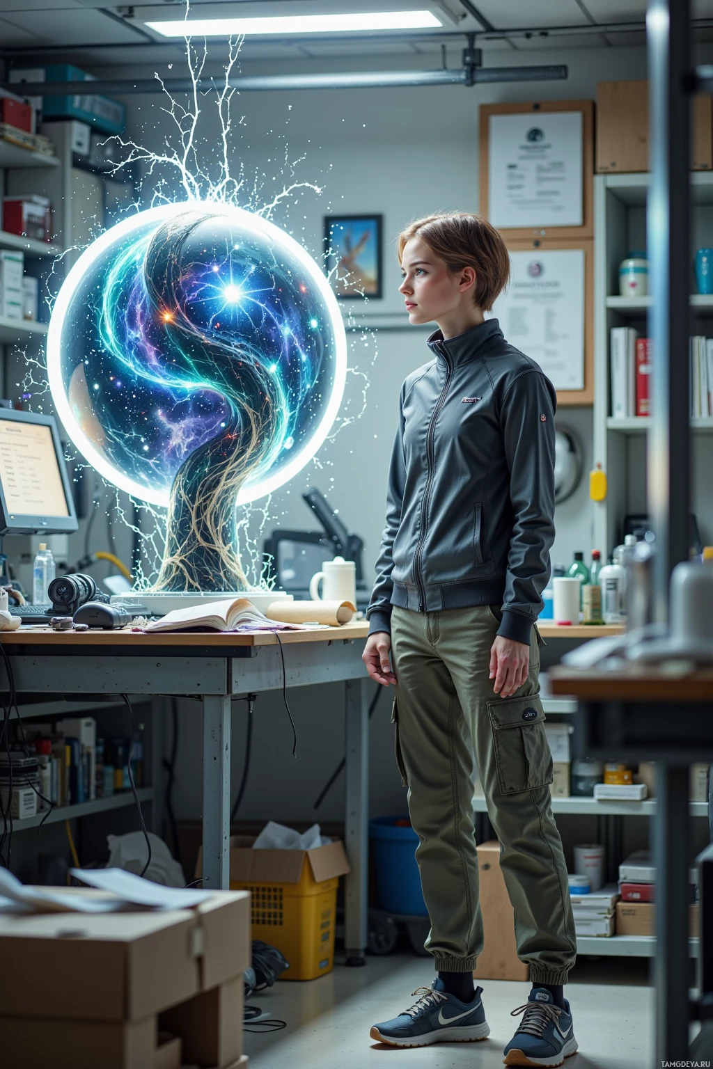 A person stands in a workshop with a glowing, cosmic sphere hovering above a desk.
