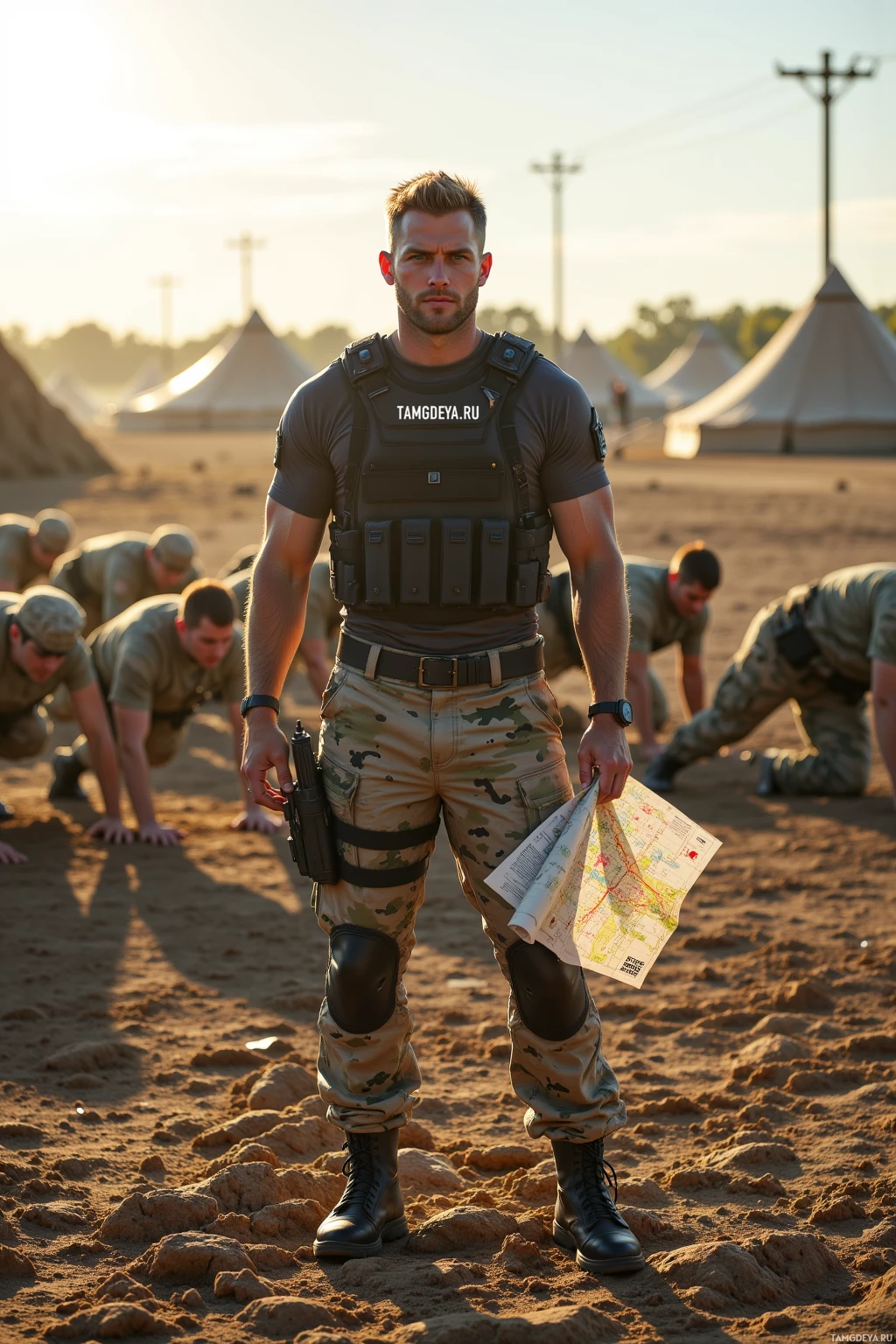 A soldier in camouflage uniform stands in a desert camp, holding a map and a firearm.