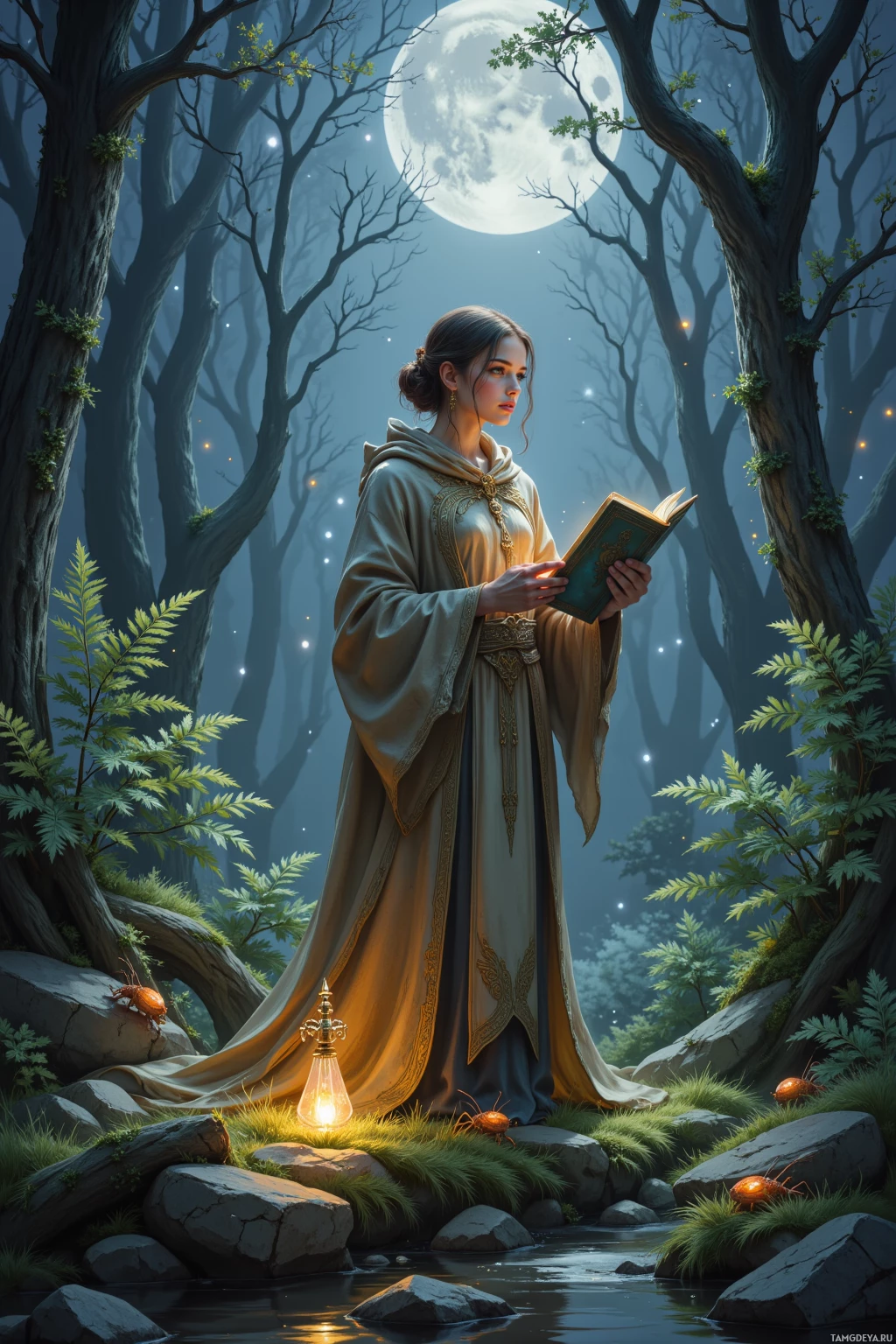 A woman in a flowing robe stands in a moonlit forest, holding an open book and a lantern.