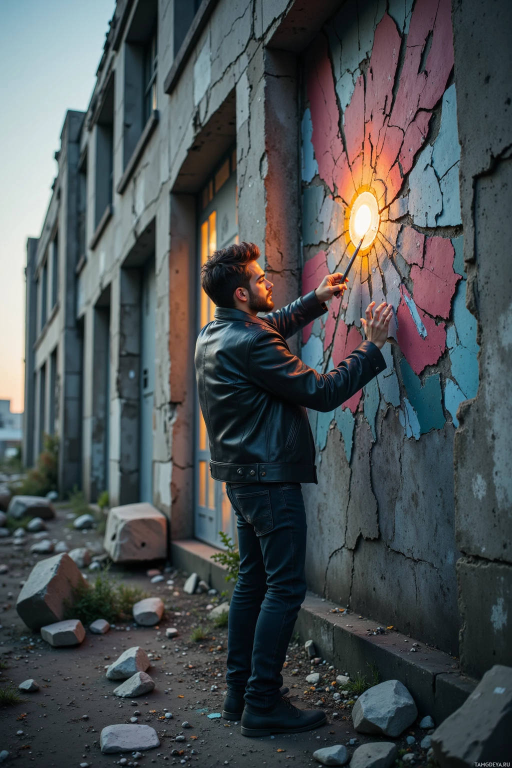 A man in a leather jacket stands near a cracked wall, holding a light source.