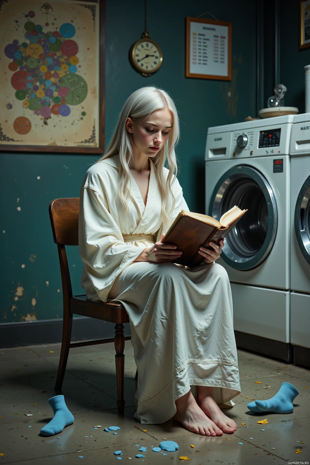 A woman in a robe sits on a chair, reading a book in a room with a washing machine and colorful decorations.