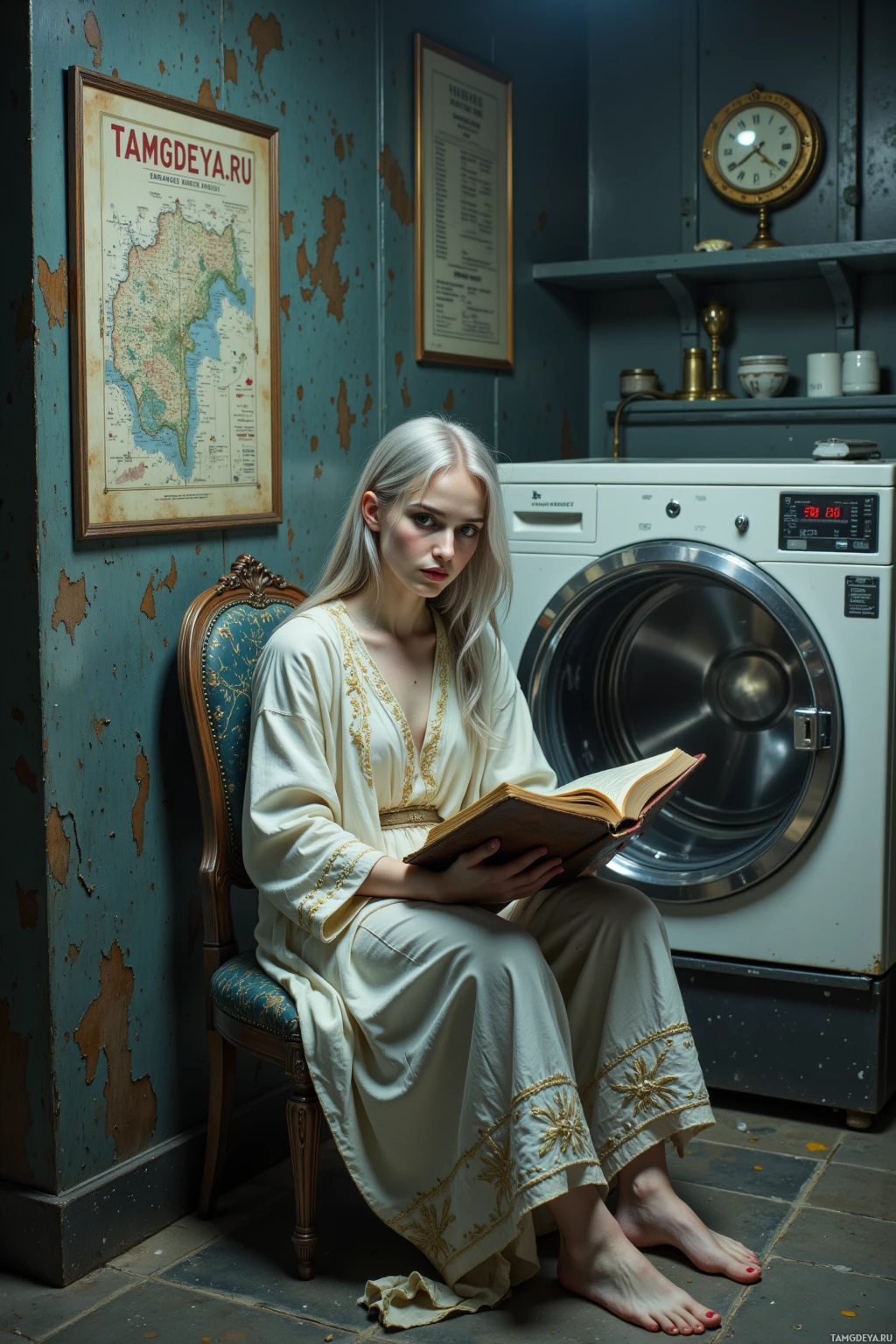 A woman in a white dress sits on a chair, reading a book in a room with a peeling wall and a washing machine.