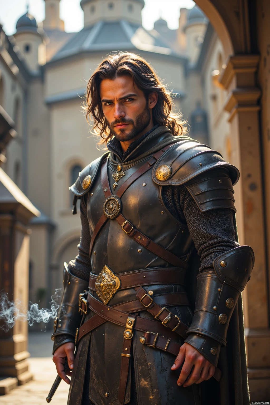 A man in medieval armor stands in front of a castle.