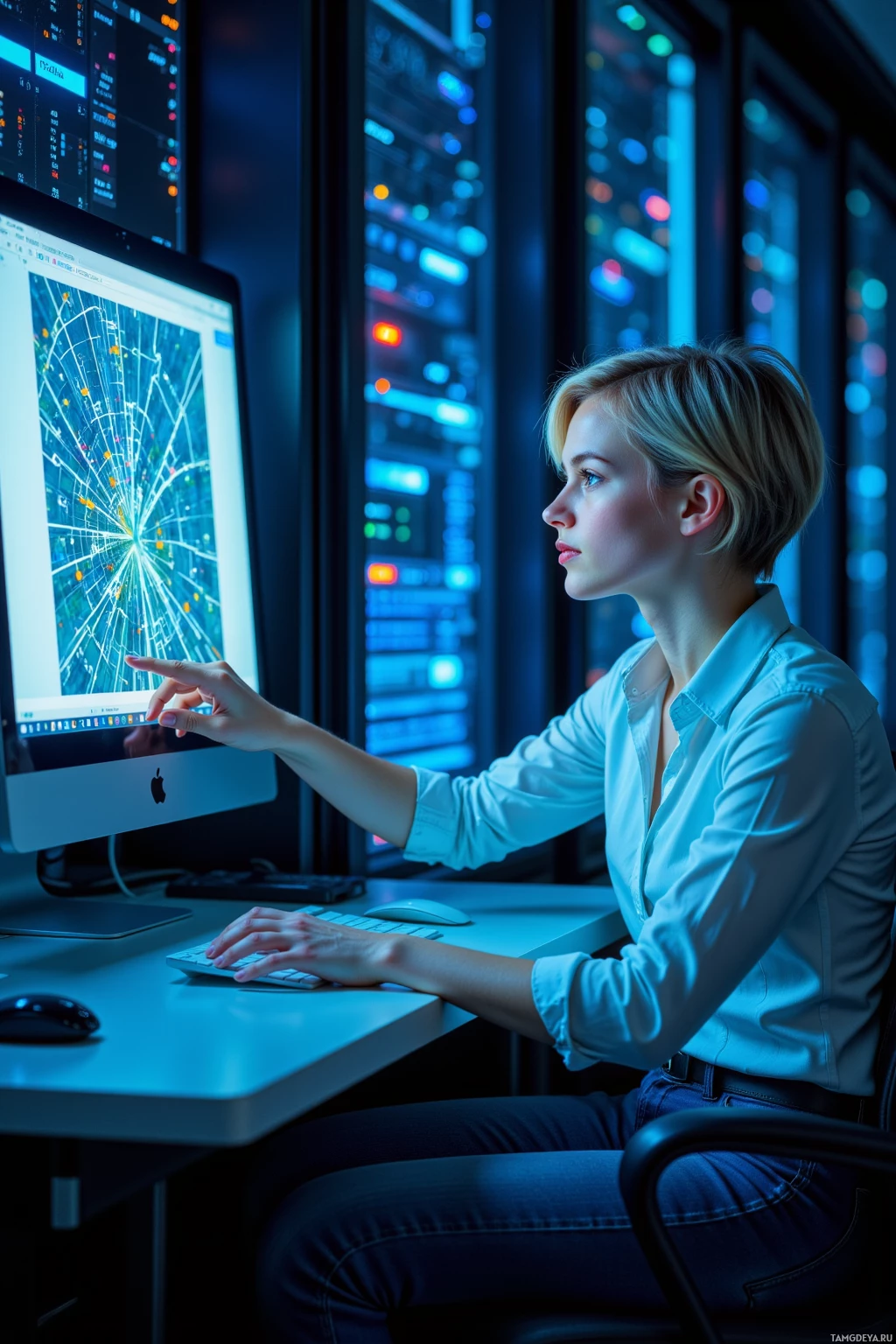 A woman works at a computer in a server room with illuminated equipment.