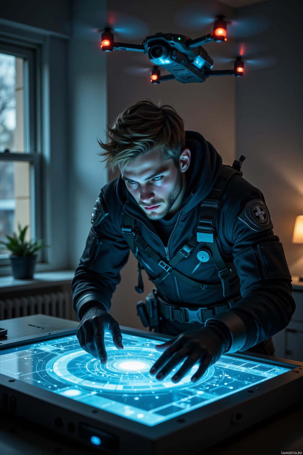 A person in tactical gear interacts with a futuristic holographic display.