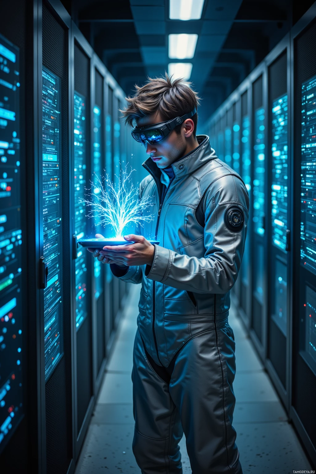 A person in a futuristic setting, wearing a silver jumpsuit and goggles, holds a glowing device in a server room.