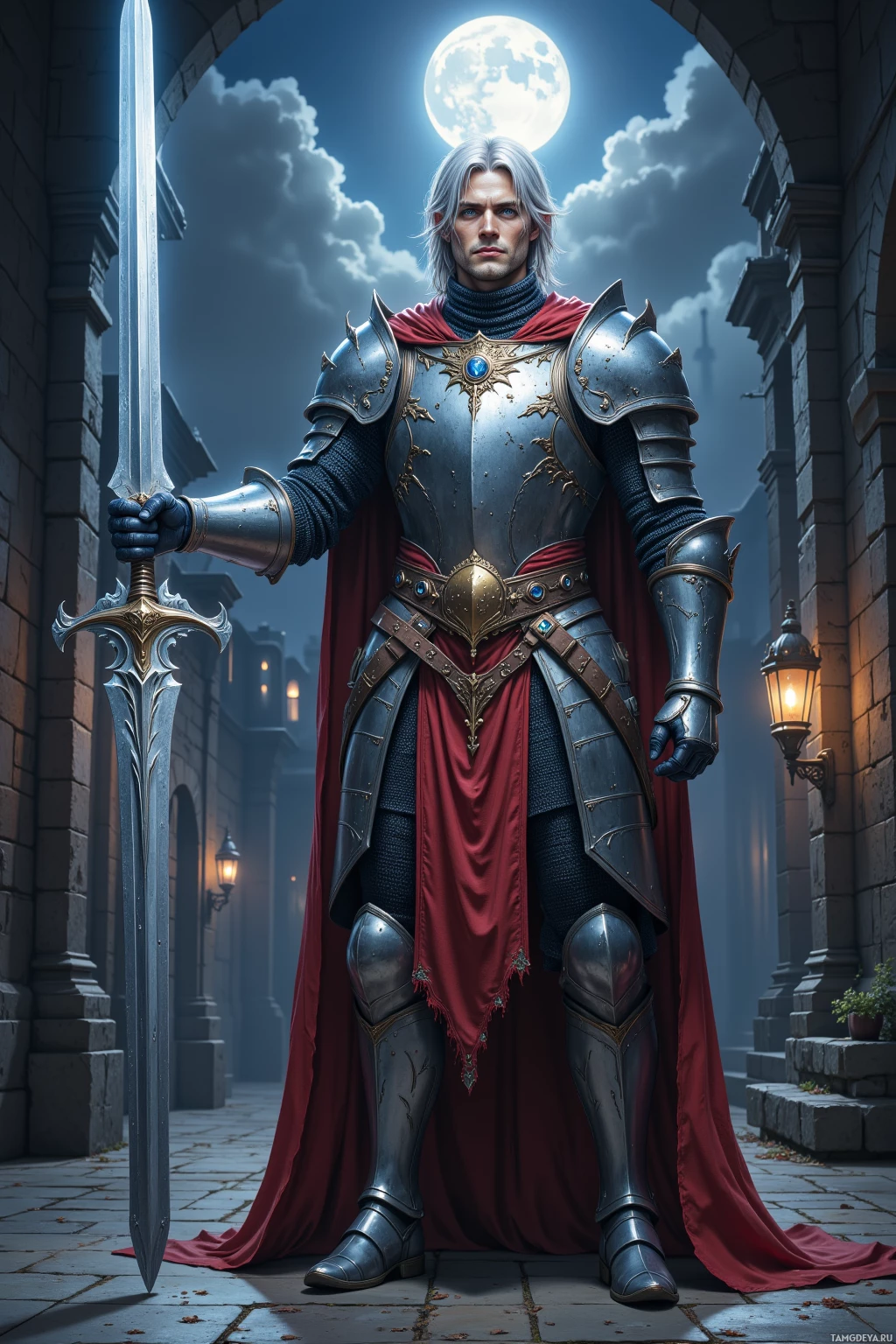 A knight in shining armor stands under a full moon, holding a sword.