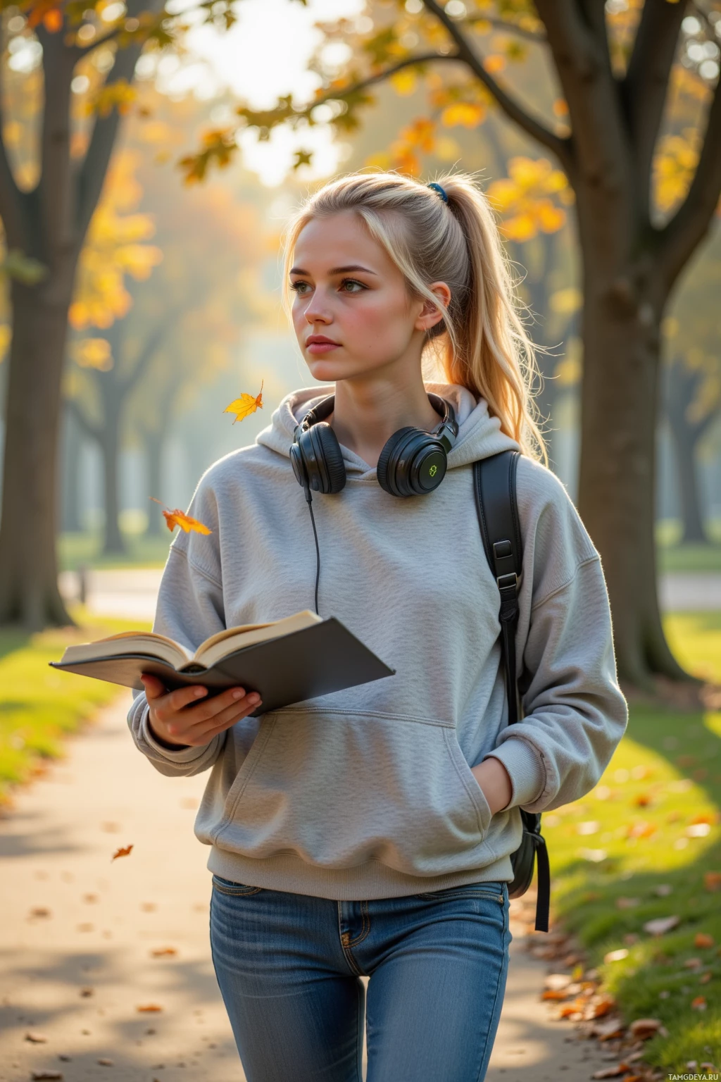 A young woman walks in a park, holding an open book and wearing headphones.