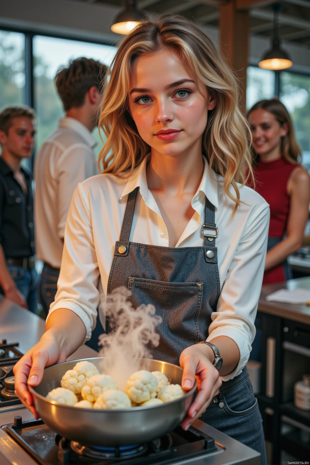 A woman wearing an apron holds a bowl of steaming cauliflower over a stove.