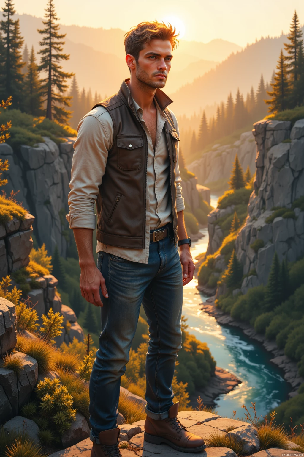 A man stands on a rocky outcrop overlooking a scenic river and forested mountains at sunset.