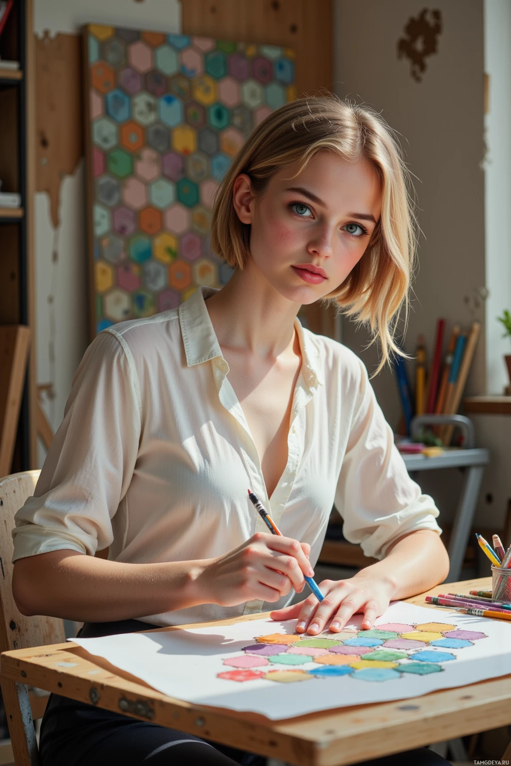 A person is seated at a desk, holding a pencil, with a colorful hexagonal pattern in the background.