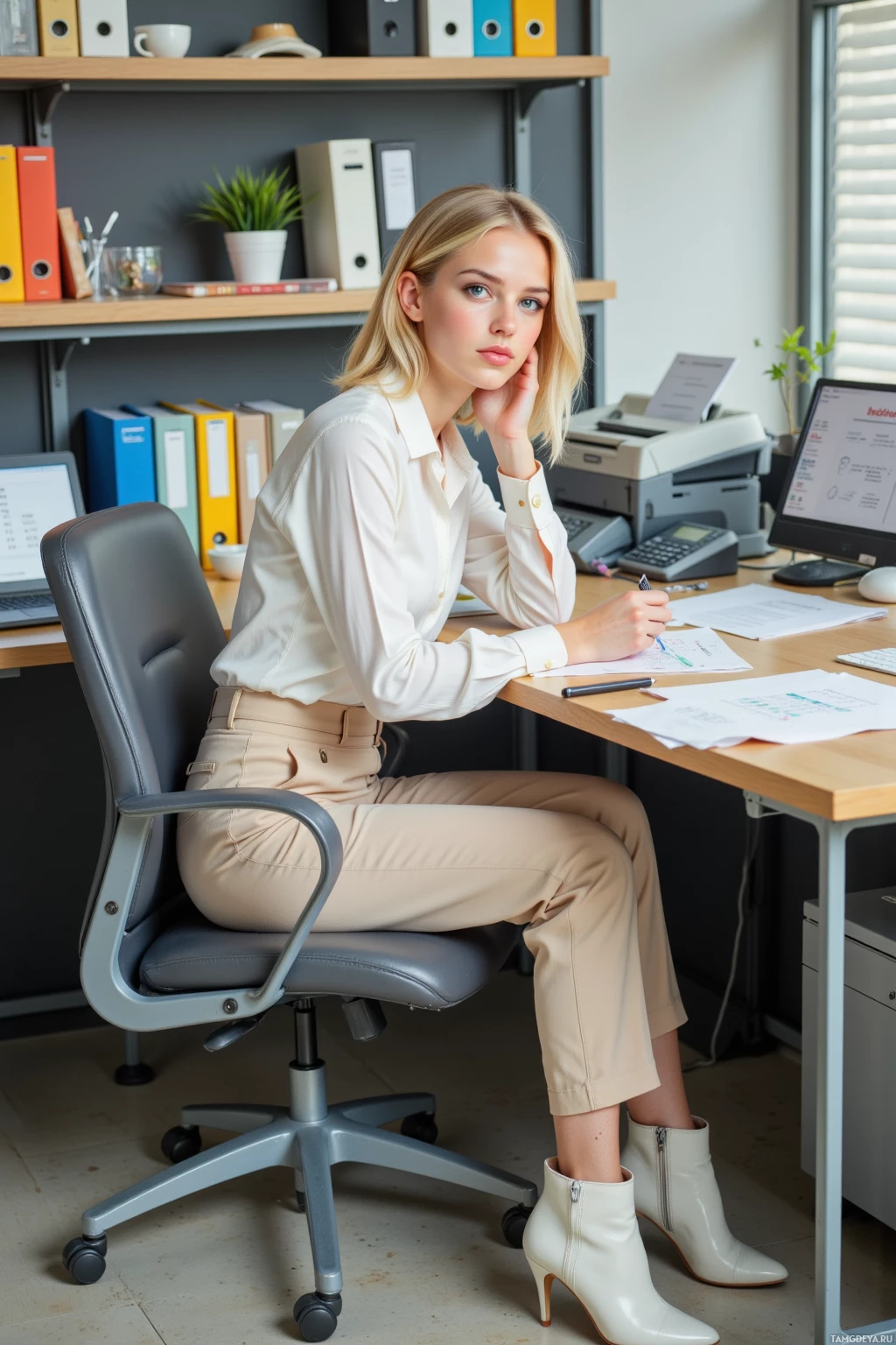 A woman is sitting at a desk in an office, wearing a white blouse and beige pants, with a computer and office supplies around her.