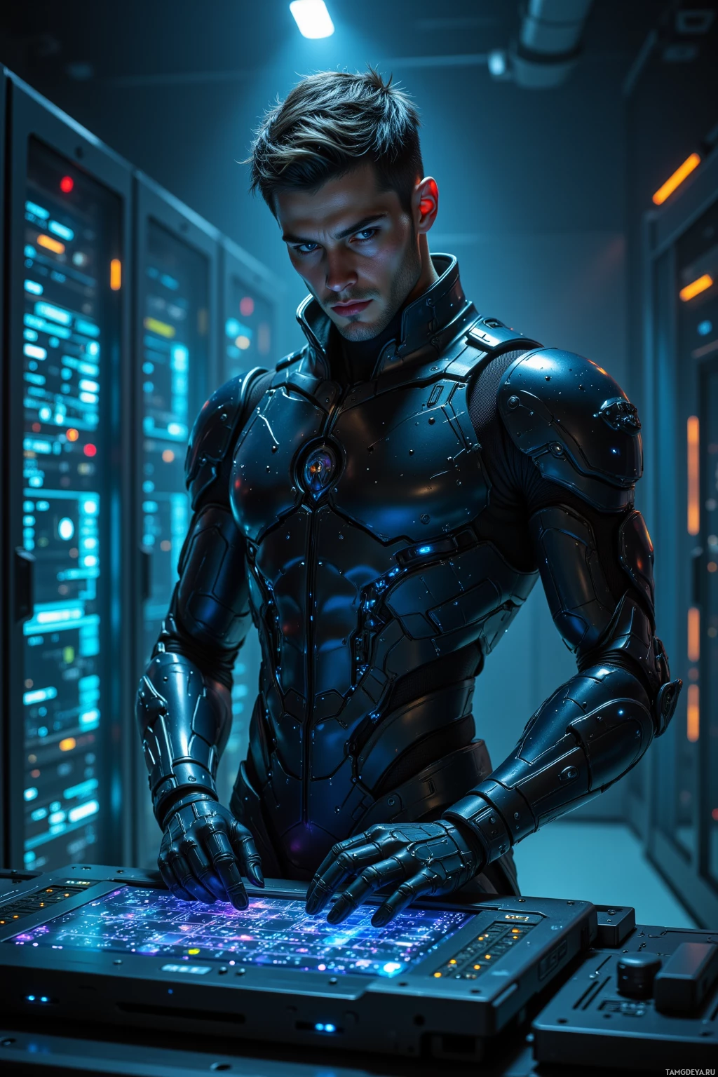 A person in futuristic armor stands in a high-tech environment, interacting with a glowing interface.