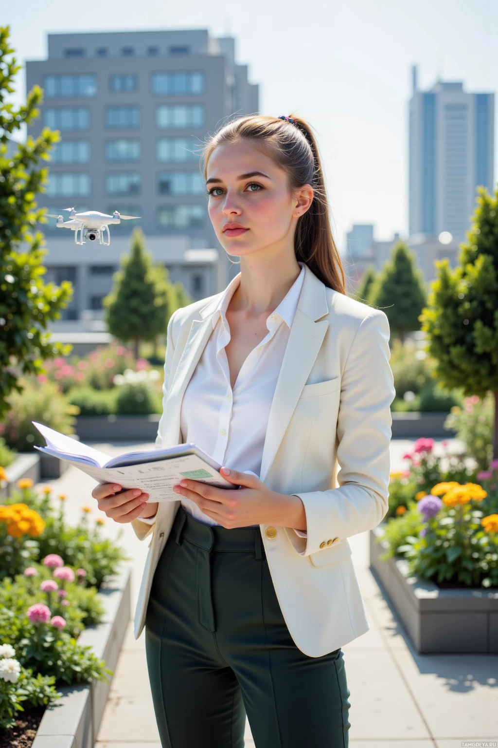 A woman in a white blazer and green pants stands outdoors, holding an open book, with a drone flying nearby and a cityscape in the background.